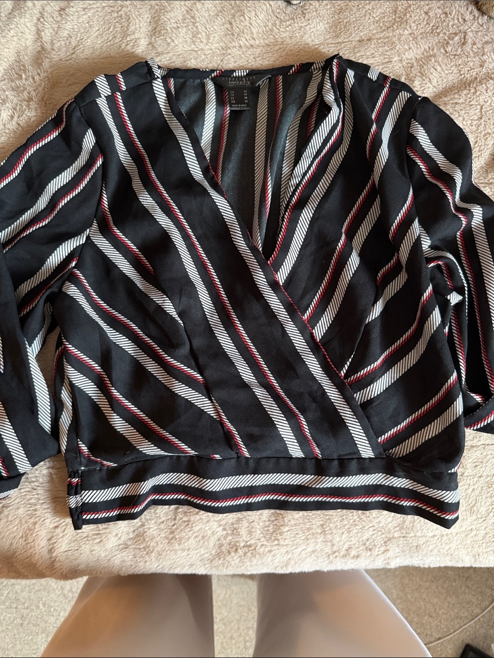 Streetwear Society Black Striped Wrap Blouse with White & Red Accents